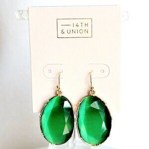 14th & Union Green Moonglow Glass Earrings Gold Tone Statement Drop Dangle NEW